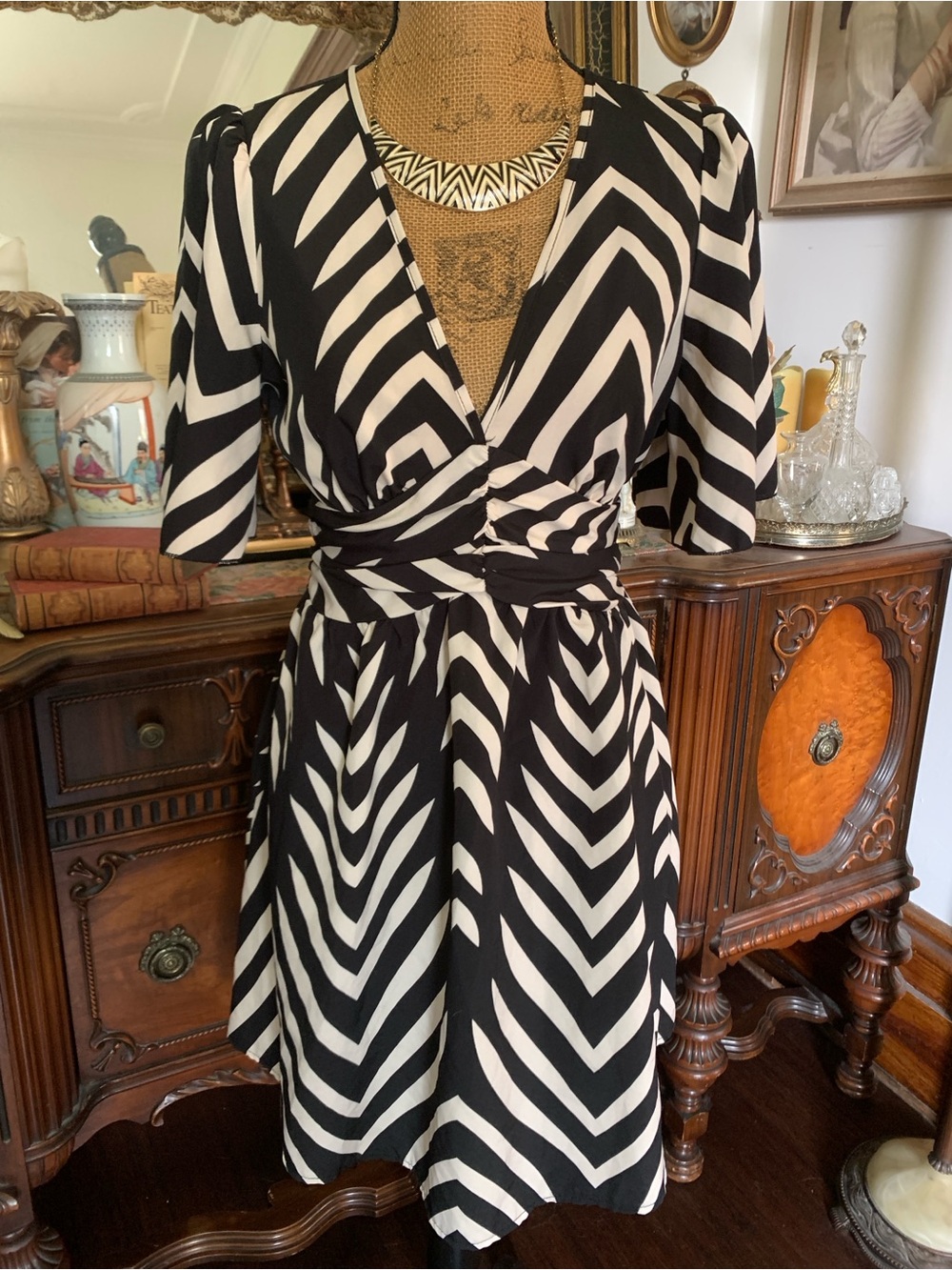 Vintage Beige & Black Safari-inspired Chevron Boho Pin-up Rockabilly Mini Dress